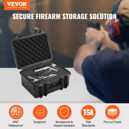Hard Pistol Cases with Pre-cut PU Foam, Waterproof & Dustproof Hard Gun Case for 2 Pistol, 14.1×11.5×7.6 in Lockable Pistol Case, Black.