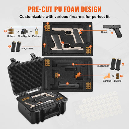 Hard Pistol Cases with Pre-cut PU Foam, Waterproof & Dustproof Hard Gun Case for 2 Pistol, 14.1×11.5×7.6 in Lockable Pistol Case, Black.