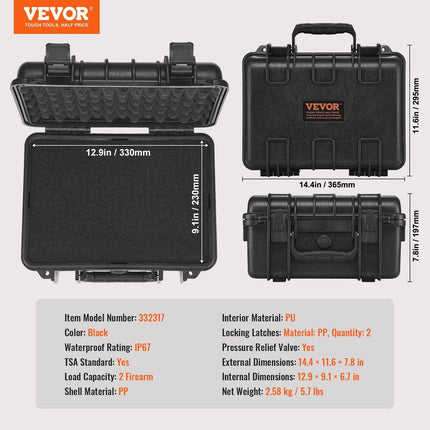 Hard Pistol Cases with Pre-cut PU Foam, Waterproof & Dustproof Hard Gun Case for 2 Pistol, 14.1×11.5×7.6 in Lockable Pistol Case, Black.