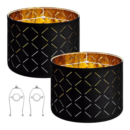 Drum Lamp Shade 2 Set, 33 cm Top x 33 cm Bottom x 25 cm High, Medium Drum Lampshade with Harp, Replacement Lamp Shade for Table Lamps Floor Lamps Pendant Lights, Black Diamond Hollow Design.