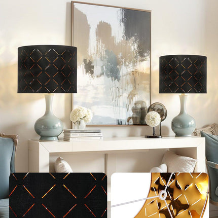 Drum Lamp Shade 2 Set, 33 cm Top x 33 cm Bottom x 25 cm High, Medium Drum Lampshade with Harp, Replacement Lamp Shade for Table Lamps Floor Lamps Pendant Lights, Black Diamond Hollow Design.