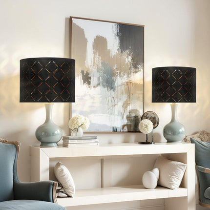 Drum Lamp Shade 2 Set, 33 cm Top x 33 cm Bottom x 25 cm High, Medium Drum Lampshade with Harp, Replacement Lamp Shade for Table Lamps Floor Lamps Pendant Lights, Black Diamond Hollow Design.