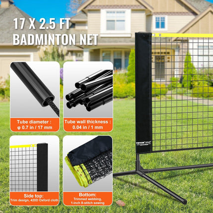 Badminton Net, Height Adjustable Volleyball Net, 17ft Wide Foldable Pickleball Net, Portable Easy Setup Tennis Net Set with Poles, Stand and Carry Bag, for Kids Backyard Game Indoor Outdoor Use.