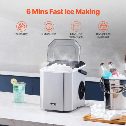 Portable Countertop Ice Maker 26Lbs/24H Self-Cleaning with Scoop Basket.