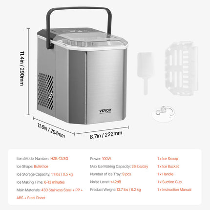 Portable Countertop Ice Maker 26Lbs/24H Self-Cleaning with Scoop Basket.
