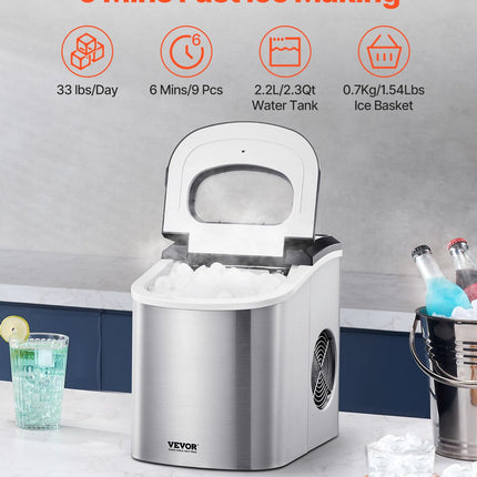Portable Countertop Ice Maker 33Lbs/24H Self-Cleaning with Scoop Basket.