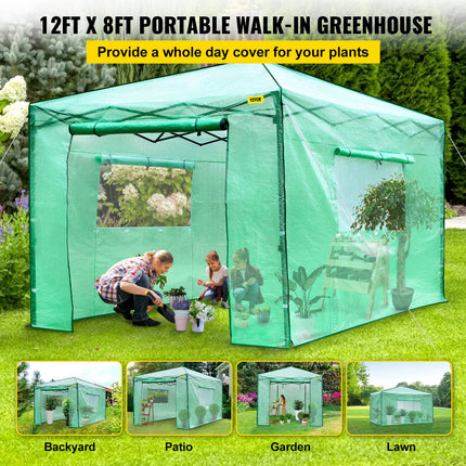 12\'x 8\'x 8\' Pop-Up Greenhouse, Set Up in Minutes, Portable Greenhouse with Doors & Windows. High Strength PE Cover & Powder-Coated Steel Construction.