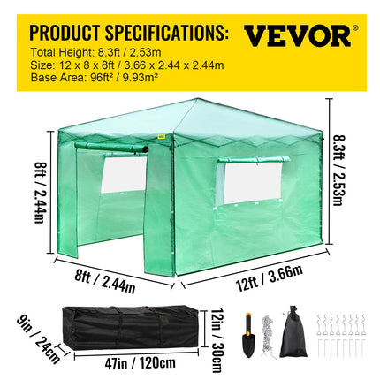 12\'x 8\'x 8\' Pop-Up Greenhouse, Set Up in Minutes, Portable Greenhouse with Doors & Windows. High Strength PE Cover & Powder-Coated Steel Construction.
