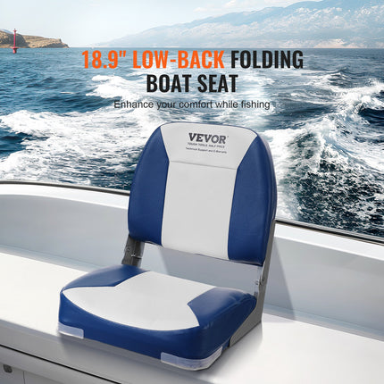 Boat Seat, 480 mm Low Back Boat Seat, Folding Boat Chair with Thickened Sponge Padding and Hinge, Fold-Down Boat Captain Chair for Fishing Boat, Sightseeing Boat, Speedboat, Canoe, 1-Piece.