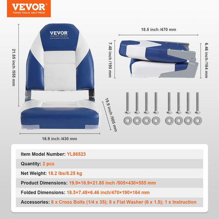 Boat Seats, 555 mm High Back Boat Seat, Folding Boat Chair with Thickened Sponge Padding and Hinge, Fold-Down Boat Captain Chairs for Fishing Boat, Sightseeing Boat, Speedboat, Canoe, 2-Pack.