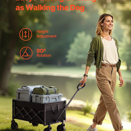 Collapsible Wagon Carts, 120L & 225LBS Folding Wagons with All-Terrain Wheels, Heavy Duty Outdoor Utility Cart with Adjustable Handle, Portable Camping Cart for Beach Grocery Garden Black.