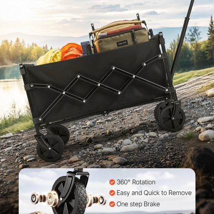 Collapsible Wagon Carts, 120L & 225LBS Folding Wagons with All-Terrain Wheels, Heavy Duty Outdoor Utility Cart with Adjustable Handle, Portable Camping Cart for Beach Grocery Garden Black.