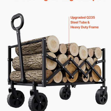 Collapsible Wagon Carts, 120L & 225LBS Folding Wagons with All-Terrain Wheels, Heavy Duty Outdoor Utility Cart with Adjustable Handle, Portable Camping Cart for Beach Grocery Garden Black.