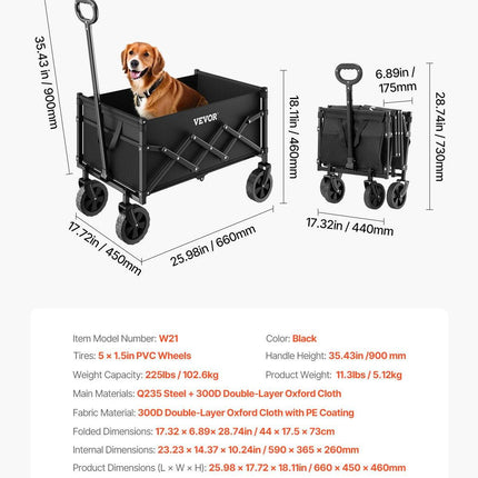 Collapsible Wagon Carts, 120L & 225LBS Folding Wagons with All-Terrain Wheels, Heavy Duty Outdoor Utility Cart with Adjustable Handle, Portable Camping Cart for Beach Grocery Garden Black.