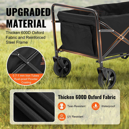 Collapsible Folding Wagon, 2 cu.ft Grass Wagon Cart with All-Terrain 5in Wheels, Heavy Duty Folding Wagon Cart 220 lbs Weight Capacity with Drink Holders, Sports Wagon for Camping, Shopping, Gar.