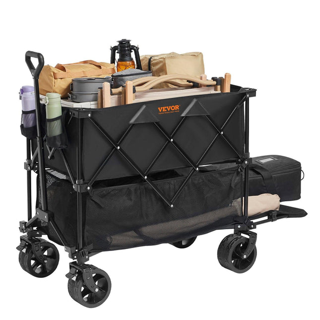 Foldable Double Decker Wagon, 400L Collapsible Wagon Cart with All-Terrain Wheels, Heavy Duty Folding Wagon Cart 350-450 lb Weight Capacity for Camping, Shopping, Garden, 52" Extra Long Extender.