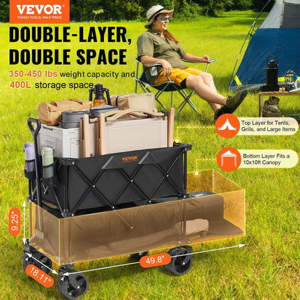 Foldable Double Decker Wagon, 400L Collapsible Wagon Cart with All-Terrain Wheels, Heavy Duty Folding Wagon Cart 350-450 lb Weight Capacity for Camping, Shopping, Garden, 52" Extra Long Extender.
