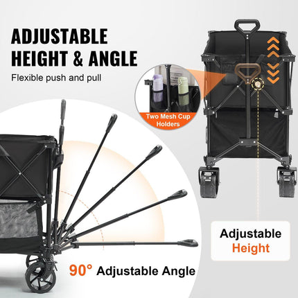 Foldable Double Decker Wagon, 400L Collapsible Wagon Cart with All-Terrain Wheels, Heavy Duty Folding Wagon Cart 350-450 lb Weight Capacity for Camping, Shopping, Garden, 52" Extra Long Extender.