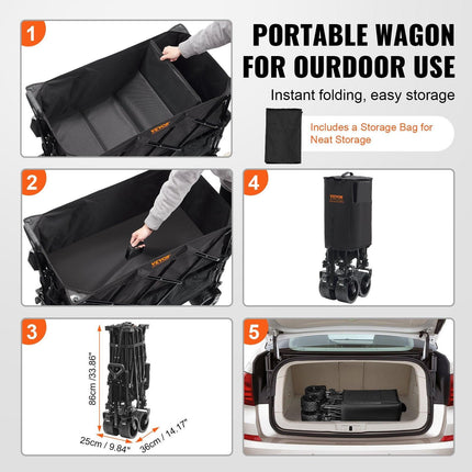 Foldable Double Decker Wagon, 400L Collapsible Wagon Cart with All-Terrain Wheels, Heavy Duty Folding Wagon Cart 350-450 lb Weight Capacity for Camping, Shopping, Garden, 52" Extra Long Extender.