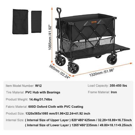 Foldable Double Decker Wagon, 400L Collapsible Wagon Cart with All-Terrain Wheels, Heavy Duty Folding Wagon Cart 350-450 lb Weight Capacity for Camping, Shopping, Garden, 52" Extra Long Extender.