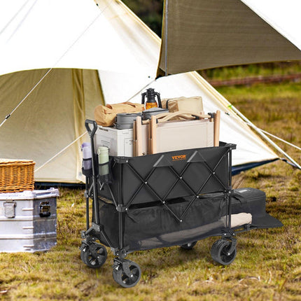 Foldable Double Decker Wagon, 400L Collapsible Wagon Cart with All-Terrain Wheels, Heavy Duty Folding Wagon Cart 350-450 lb Weight Capacity for Camping, Shopping, Garden, 52" Extra Long Extender.