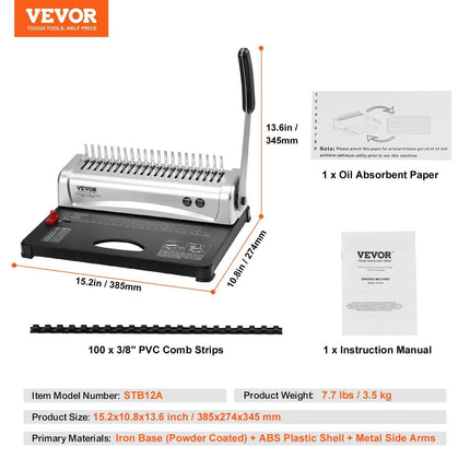 Binding Machine, Comb Binding Machine 21-Holes Binding 450 Sheets, Book Binder Machine with 100 PCS 3/8'' Comb Binding Spines, for Letter Size, A4, A5.