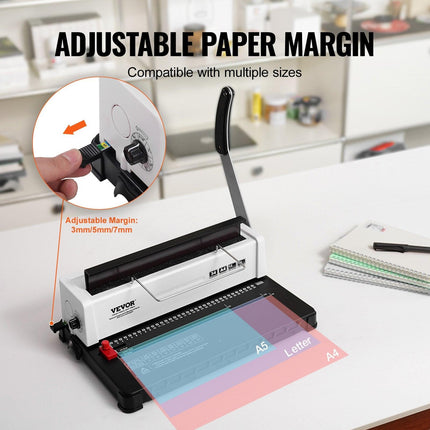 Coil Spiral Binding Machine, Manual Book Maker 34-Holes Binding 120 Sheets, Punch Binder with Adjustable Side Margin, for Letter Size, A4, A5.