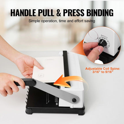 Coil Spiral Binding Machine, Manual Book Maker 34-Holes Binding 120 Sheets, Punch Binder with Adjustable Side Margin, for Letter Size, A4, A5.