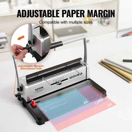 Coil Spiral Binding Machine, Manual Book Maker 34-Holes Binding 120 Sheets, Punch Binder with Adjustable 3/16" - 9/16" Coil Binding Spines and Side Margin, for Letter Size, A4, A5.