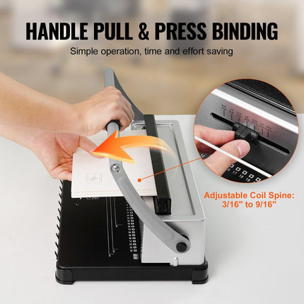 Coil Spiral Binding Machine, Manual Book Maker 34-Holes Binding 120 Sheets, Punch Binder with Adjustable 3/16" - 9/16" Coil Binding Spines and Side Margin, for Letter Size, A4, A5.