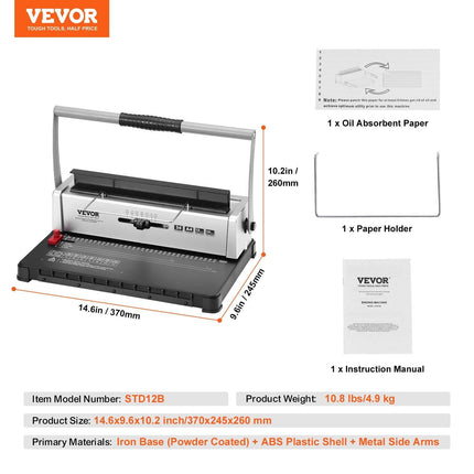 Coil Spiral Binding Machine, Manual Book Maker 34-Holes Binding 120 Sheets, Punch Binder with Adjustable 3/16" - 9/16" Coil Binding Spines and Side Margin, for Letter Size, A4, A5.