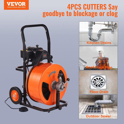 Drain Cleaner Machine Electric Drain Auger 100 FT x 3/4In Auto Feed.
