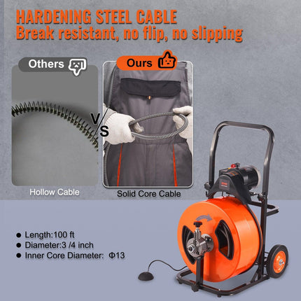 Drain Cleaner Machine Electric Drain Auger 100 FT x 3/4In Auto Feed.