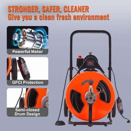 Drain Cleaner Machine Electric Drain Auger 100 FT x 3/4In Auto Feed.
