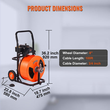 Drain Cleaner Machine Electric Drain Auger 100 FT x 3/4In Auto Feed.