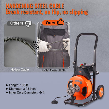 Drain Cleaner Machine Electric Drain Auger 100 FT x 3/8 In Auto Feed.