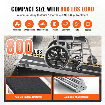 Portable Wheelchair Ramp, 183 cm 363 kg Capacity, Non-Slip Aluminum Folding Threshold Ramp, Foldable Mobility Scooter Ramp Wheel Chair Ramp, Handicap Ramp for Home Steps, Stairs, Doorways, Curbs.