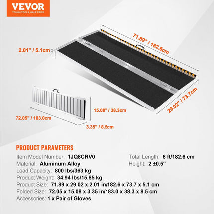 Portable Wheelchair Ramp, 183 cm 363 kg Capacity, Non-Slip Aluminum Folding Threshold Ramp, Foldable Mobility Scooter Ramp Wheel Chair Ramp, Handicap Ramp for Home Steps, Stairs, Doorways, Curbs.