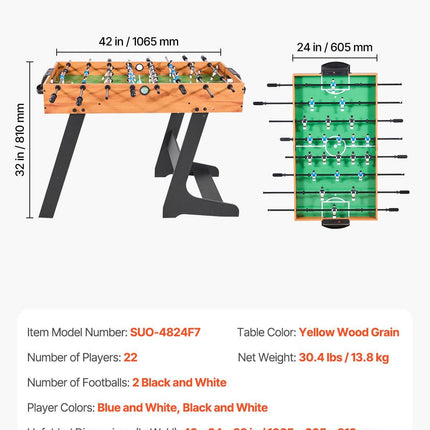 Folding Foosball Table, 106 cm Standard Size Table, Indoor Full Size Foosball Tables for Home, Family, and Game Room, Durable Soccer Set, Includes 2 Balls.