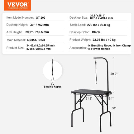 Pet Grooming Table Arm with Clamp, 808 x 460 mm Dog Grooming Station, Foldable Pets Grooming Stand for Medium and Small Dogs, Free No Sit Haunch Holder with Grooming Loop, Bearing 99.8kg.