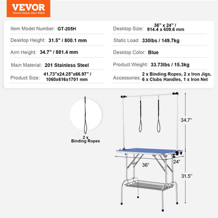 Pet Grooming Table Two Arms with Clamp, 915 x 610mm Dog Grooming Station, Foldable Pets Grooming Stand for Medium and Small Dogs, Free Two No Sit Haunch Holder with Grooming Loop, Bearing 150kg.