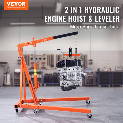 Hydraulic Engine Hoist with Lever, 2000KG Heavy-duty Cherry Picker Shop Crane, Foldable Engine Crane and Engine Hoist leveler for Auto Repair, Motors, Weights Lifting, Loading.