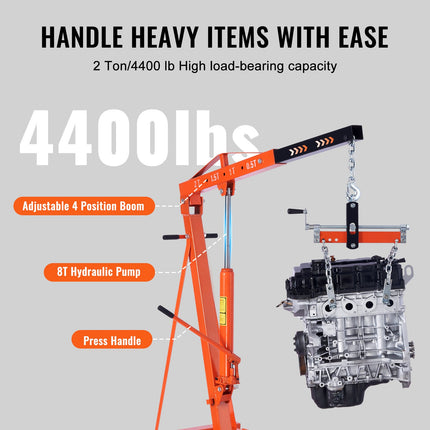 Hydraulic Engine Hoist with Lever, 2000KG Heavy-duty Cherry Picker Shop Crane, Foldable Engine Crane and Engine Hoist leveler for Auto Repair, Motors, Weights Lifting, Loading.