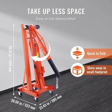 Hydraulic Engine Hoist with Lever, 2000KG Heavy-duty Cherry Picker Shop Crane, Foldable Engine Crane and Engine Hoist leveler for Auto Repair, Motors, Weights Lifting, Loading.