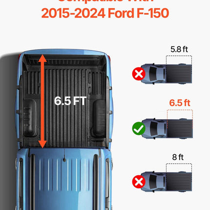 Tri-Fold Truck Bed Tonneau Cover, Compatible with 2015-2024 Ford F-150, 2004 mm Bed, Only Fit 2004 x 1656 mm Inside Bed, 181.4 kg Load Capacity with Built-in LED Light, Quick Folding, Black.