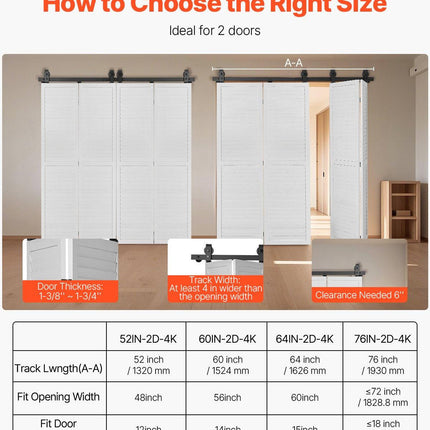 Bi-Folding Sliding Barn Door Hardware Track Kit, 52" Top Mount Track Kit, Slide Smoothly & Quietly, Heavy Duty, Easy to Install, Suitable for Four 12" Closet Pantry Laundry Doors (Not Included).