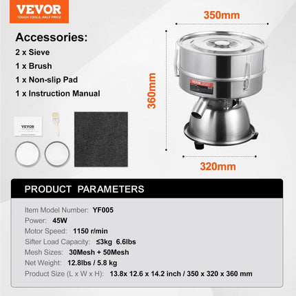 Automatic Electric Vibrating Sieve, Stainless Steel Sifter Shaker Machine with 30+50 Mesh, 45W Automatic Powder Sifter Machine Countertop, Electric Sieve Shaker for Flour Powers, Mungbean, Rice.