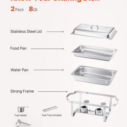 8 Qt 2 Pack Rectangle Chafing Dish Buffet Set Fullsize Pan Stainless Steel.