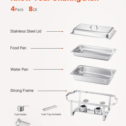 VEVOR 8 Qt 4 Pack Rectangle Chafing Dish Buffet Set Fullsize Pan Stainless Steel.