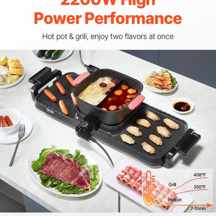 Hot Pot with Grill 2300W 2-in-1 Electric Smokeless BBQ with Removable Pot.